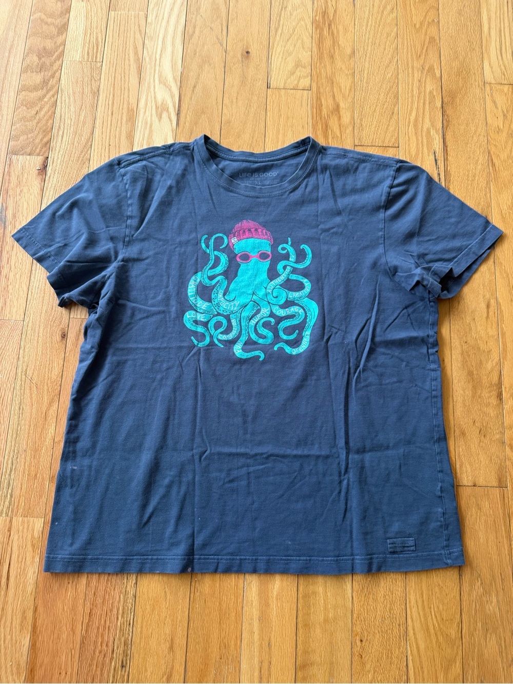 Life Is Good Navy Short Sleeve Tee with Teal Octopus and Pink Beanie Graphic